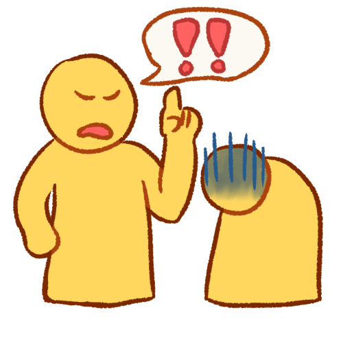 A drawing of two emoji-yellow people. The one on the left is angry and has one hand up and one hand on their hip. The one on the right is leaning down and has a dark cloud and lines over their head, looking ashamed. The person on the left is speaking a speech bubble with two pink exclamation marks.